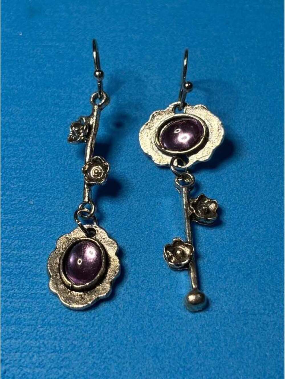 Silver-Tone Floral Drop Earrings with Purple Stones